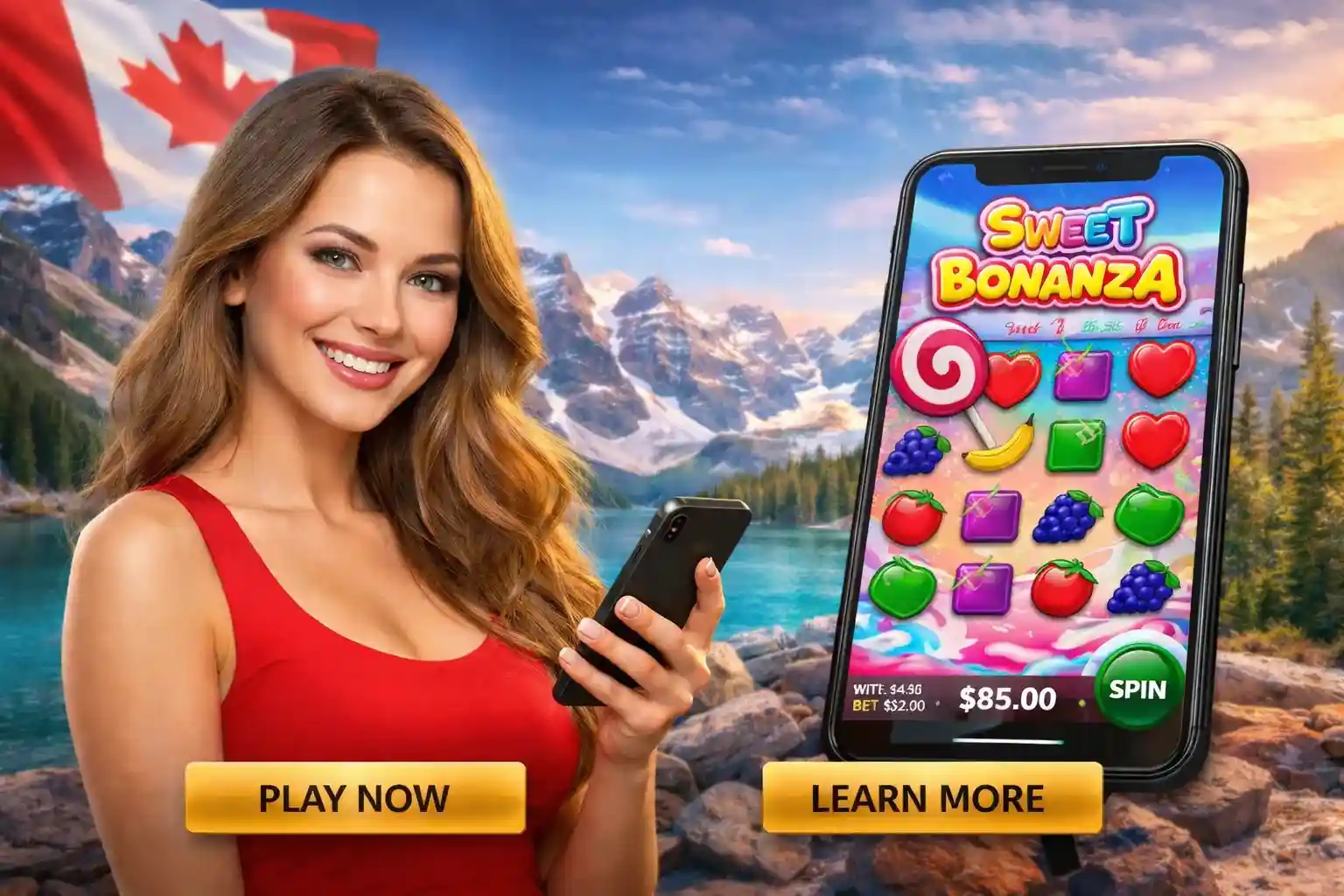 Canadian woman holding phone with Sweet Bonanza slot screen